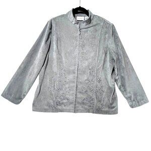 Alfred Dunner Gray Velour Embroidered Floral Jacket Rhinestone Full Zip XL